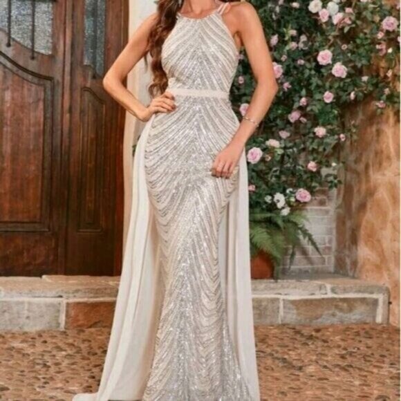 Silver,  O Neck, Sleeveless,  Detachable Skirt, Sequined Mermaid Gown - Picture 2 of 15